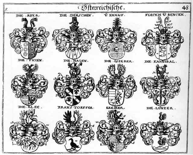Coats of arms of Auer, Awer, Clee, Crämer, Derschen, Ehrnau, Ernau, Ficien, Fleckh, Hagen, Haggen, Hagn, Isnaerer, Kannibal, Klee, Kramer, Kranstorffer, Kremer, Lunzer