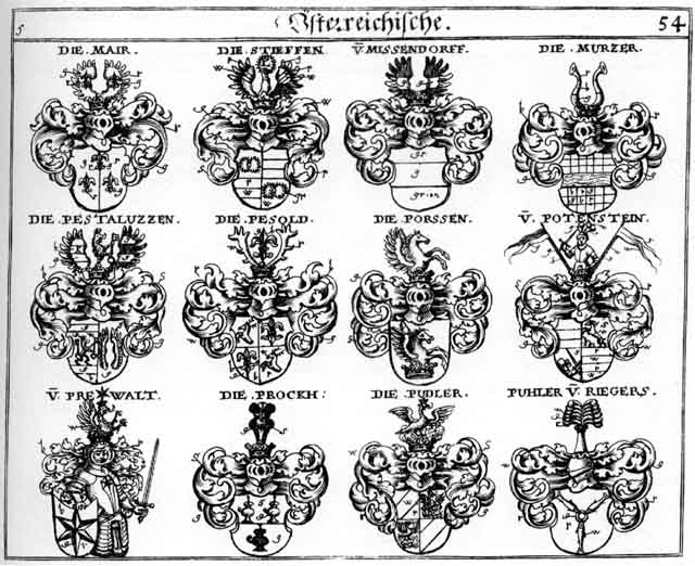 Coats of arms of Brocke, Haller, Mair, Mairn, Majer, Mayer, Mayr, Missendorff, Murtzer, Pesold, Porssen, Prewalt, Prockh, Pudler, Pueheler, Pühler, Stieffen