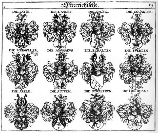 Coats of arms of Abele, AnomoeuS, Eckardt, Eckhardt, Egbart, Eggarden, Egghart, Eggmüller, Fuert, Fuerten, Hochmans, Joerger, Jörger, Lang, Langen, Lilgen, Linpruner, Saeztl, Sätzl, Schwartz, Schwartzen, Scwartzen, Sixten