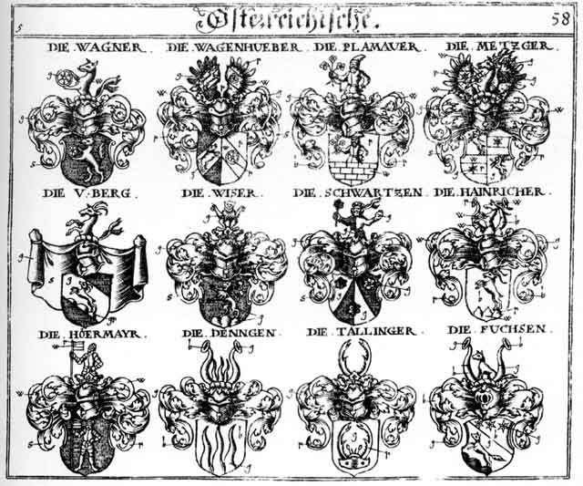 Coats of arms of Berg, Bergen, Bergh, Denngen, Fuchs, Fuchsen, Hainricher, Hoësmayr, Metzger, Mezger, Plaumauer, Schwartz, Schwartzen, Thengen, Wagenhueber, Wagner, Wiser