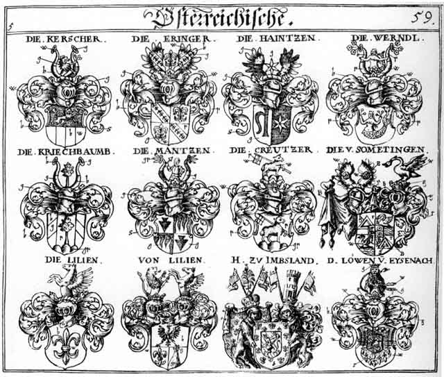 Coats of arms of Creutzer, Eringer, Haintzen, Imbrland FH, Kerscher, Kriechbaum, Kriechpaum, Lewen, Lilien, Löwen, Mansen, Mantzen, Sometingen, Werndl, Werndle