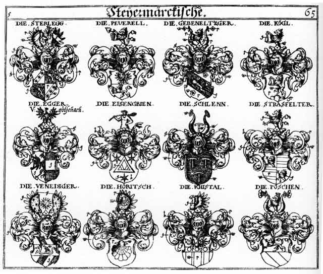 Coats of arms of Altenhaus, Altenhausen, Althausen, Boschen, Eisengrinen, Gebeneltzger, Horitsch, Khiftal, Koegl, Kögl, Peuerell, Peuerello, Poschen, Schlenn, Sterlegg, Strasselder, Venediger