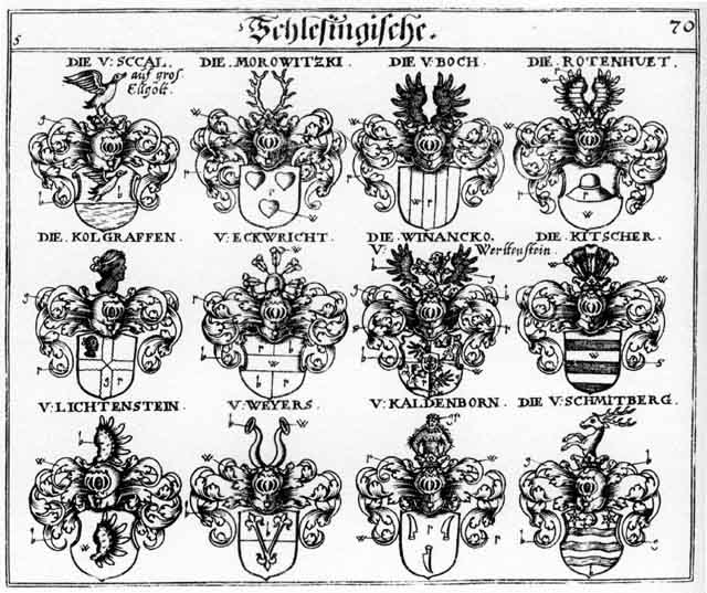 Coats of arms of Boch, Bochen, Eckwricht, Kaldenborn, Kitscher, Kolgraffen, Lichtenstein, Liechtenstein, Morolwitzky, Pochen, Rotenhuer, Sccal, Schmidtberger, Schmitberger, WeyerS, Winancko