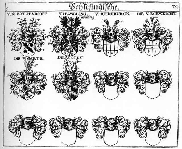 Coats of arms of Austen, Eckweicht, Gartz, Reideburg, Sebottendorff, Thümling
