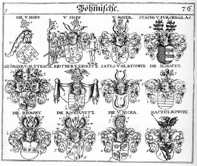 Coats of arms of Eidtner, Eitner, Geörger, Guldenmühler, Hof, Hoff, Iheroky, Macziolkowsky, Moser, Mosser, Nicka, Oelhasen, Roskowitz, Satlo, Stacho