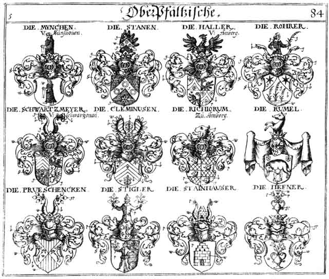 Coats of arms of Cleminusen, Hefner, Prüeschencken, Rhorer, Richiorum, Rohrer, Romul, Rorer, Ruhmel, Rumel, Rummel, Schwartzmeyer, Stainhauser, Stanen, Steinhauser, Stigler