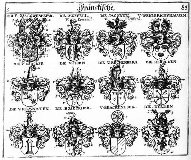 Coats of arms of Boseckh, Boseckher, Brackenloer, Dyrren, Exdorff, Herolden, Horn, Horne, Jacoben, Kemnadt, Kemnadten, Loewenheimb, Löwenheimb, Muffel, Posekh