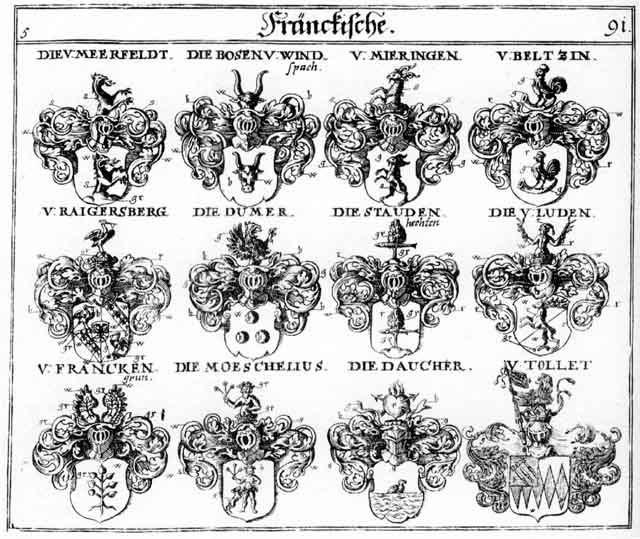 Coats of arms of Beltzin, Bosen, Daucher, Dumer, Franckengrun, Luden, Meerfeld, Mieringen, Moeschelius, Pose, Posen, Ragersperg, Staudenhecht, Tollet