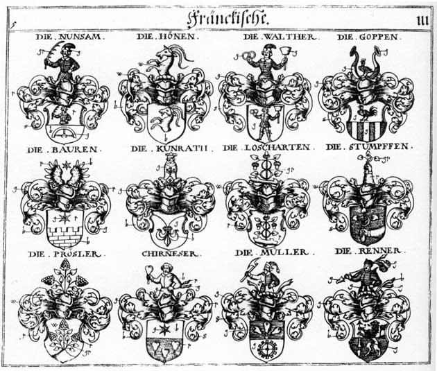 Coats of arms of Bauer, Bauren, Bawern, Chirneser, Goppen, Kunrath, Loscharten, Miller, Müller, Mullner, Myller, Nunsam, Pauern, Renner, Stumpsen, Walter, Walther