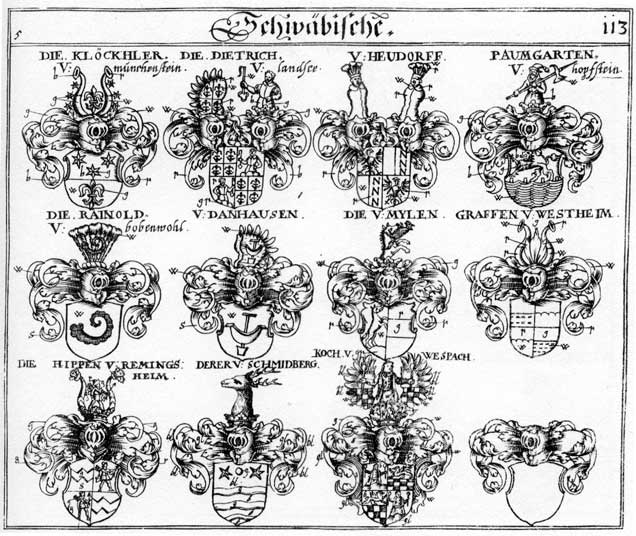 Coats of arms of Baumgarten, Danhausen, Derer, Derrer, Dietering, Dietrich, Dörer, Graffen, Heudorff, Hippen, Kleckler, Klöckhler, Mylen, Myliis, Paumgarten, Rainoldt, Reynoldt, Tannhausen