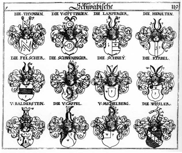 Coats of arms of Balderstein, Felscher, Guttingen, Gyttingen, Herolden, Kürbel, Lamperger, Lewen, Lorentz, Löwen, Michelberg, Michelsberg, Schney, Schweninger, Thumben, Tumba, Wissler
