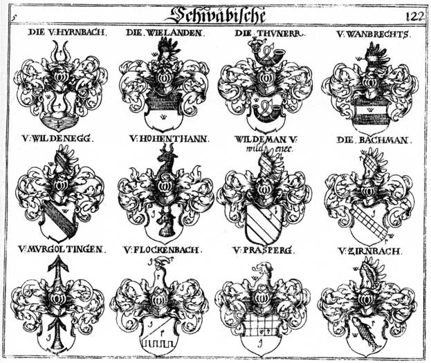 Coats of arms of Bachmann, Flockenbach, Hohenthann, Hürnpach, Hyrnpach, Murgottingen, Thuner, Wielanden, Wildeman, Wildenegg, Zirnbach