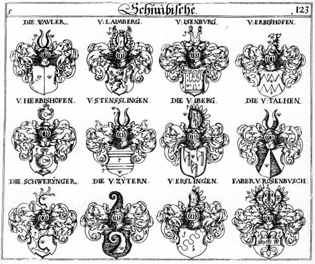Coats of arms of Erbishofen, Erslingen, Faber, Fabri, Herbishosen, Iberg, Isenburg, Issenburg, Laimberg, Schwerynger, Stenslingen, Wanbrechts, Wauler, Zytern