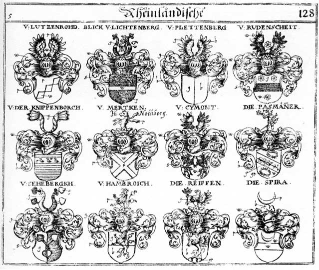 Coats of arms of Blick, Blicken, Cymont, Hambroich, Mertken, Pasmänner, Plettenberg, Reiff, Reiffen, Rudenscheit, Scheberg, Seeberg