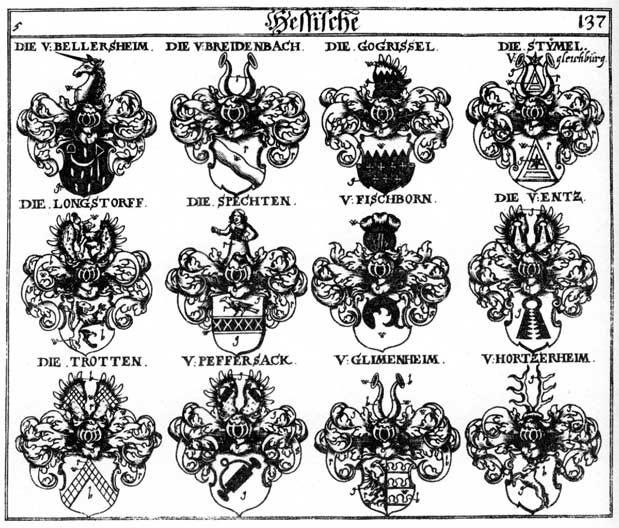 Coats of arms of Bellersheim, Breidenbach, Ense, Entz, Fischborn, Glimenheim, Gogrissel, Hortzerheim, Longsdorss, Peffersack, Spechten, Stymel, Trotten
