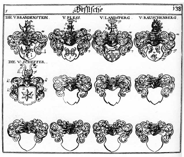 Coats of arms of Blessen, Brandenstein, Brantstein, Landesberg, Landsperg, Landsperger, Pless, Plessen, Rauschenberg, Scheffer