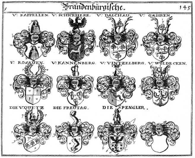 Coats of arms of Dalchau, Freutag, Freydag, Freytag, Gaehren, Gähren, Kannenberg, Quetz, Rosauen, Rossaw, Schickherr, Spengler, Vintzelberg, Wöldecken