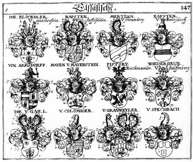 Coats of arms of Armsdorff, Babst, Babsten, Colombier, Gail, Granweyler, Kleckler, Klöckhler, May, Mayen, Mertz, Mertzen, Papst, Pistorius, Spechbech, Widergrün, Wiedergrün