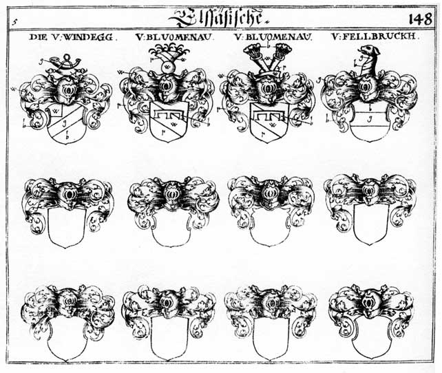 Coats of arms of Blumenau, Bluomenau, Fellbruckh, Guetzheimer, Windegg