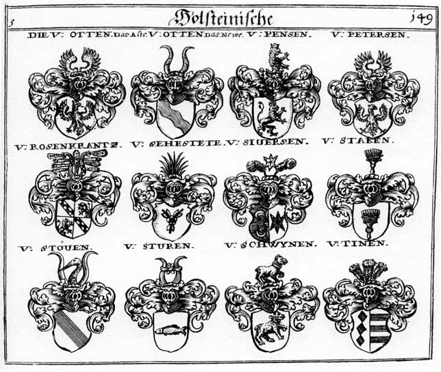 Coats of arms of Oth, Otten, Otthen, Pensen, Pentzen, Petersen, Rosenkrantz, Schwynen, Sehestete, Siversen, Stacken, Staken, Stöven, Stuer, Sturen, Tinen