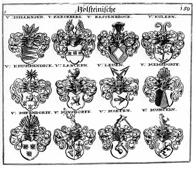 Coats of arms of Johansen, Kassenbrock, Kerckberg, Köhler, Köler, Kölern, Krummendick, Lancken, Leuen, Lewen, Meinsdorff, Memsdorff, Moeten, Muncken