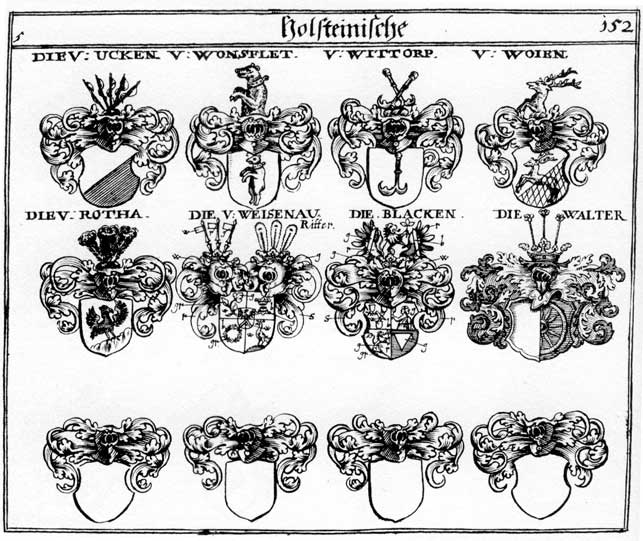 Coats of arms of Blacken, Rotha, Ucken, Weisenaü, Wittorp, Woien, Wonsflet