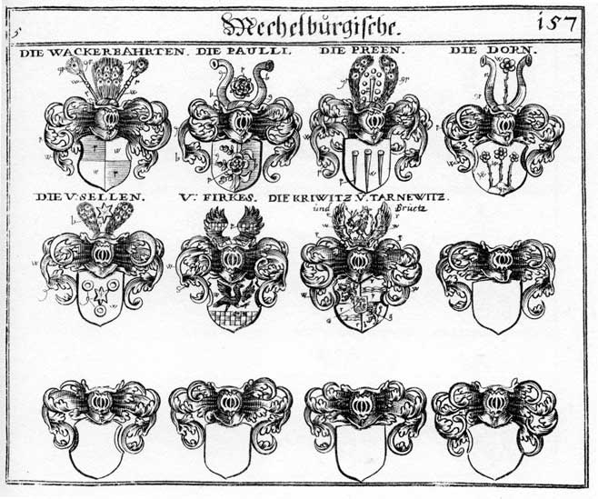 Coats of arms of Dorn, Firkes, Haanen, Hahnen, Hane, Hanen, Hannen, Kriwitz, Paulli, Preen, Sellen, Solien, Wackerbahrten