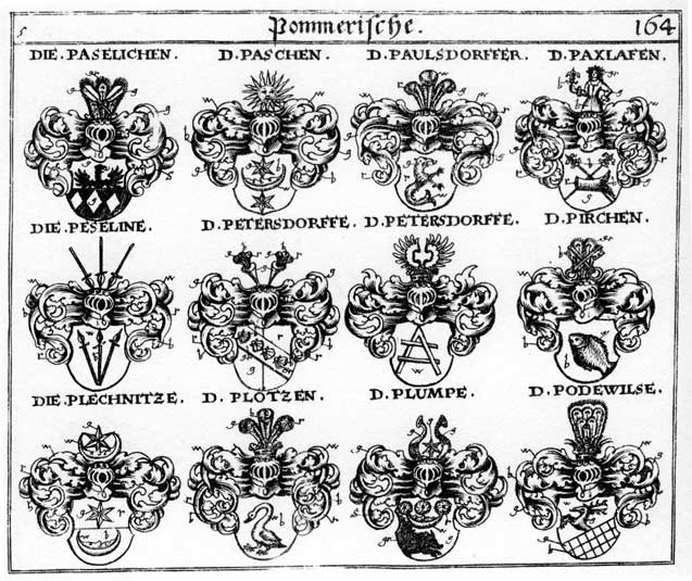Coats of arms of Paschen, Paselichen, Paulsdorff, Paulsdorffer, Paxlafen, Pefeline, Petersdorff, Pirchen, Plechnize, Plötzen, Plumpe, Podewilse