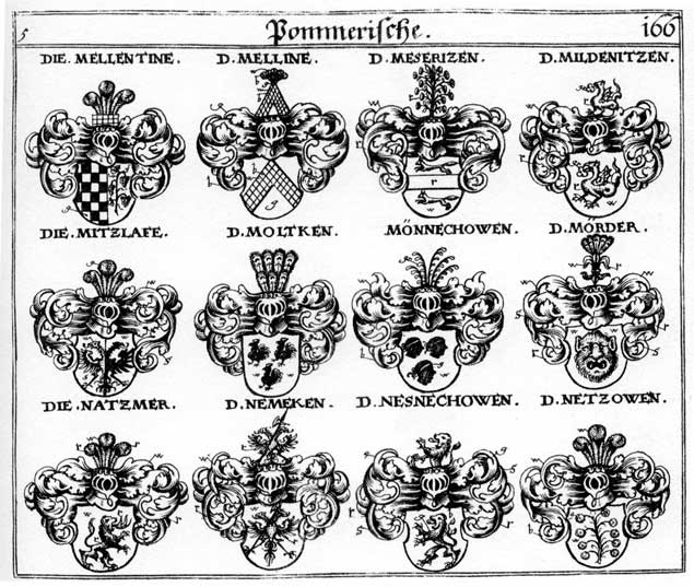Coats of arms of Mellentine, Melline, Meseritzen, Mildenitzen, Moltken, Monnechowen, Mörder, Natzmer, Nemecken, Nesnechowen, Netzowen
