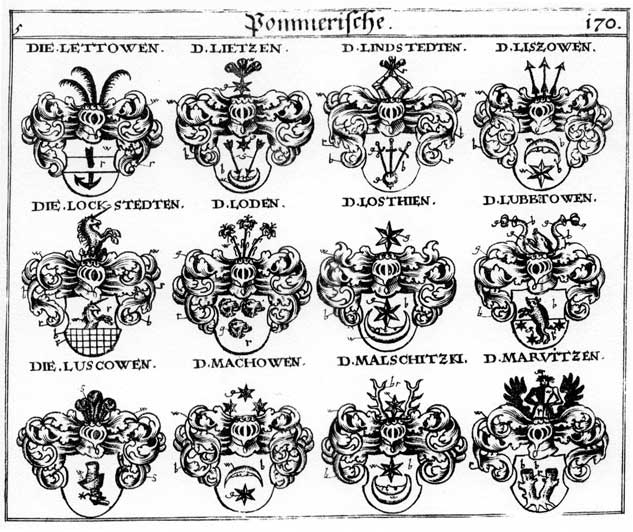 Coats of arms of Lettowen, Lietzen, Liszowen, Lockstetten, Loden, Losthien, Lothen, Lubbetowen, Luscowen, Lützen, Machowen, Malschitzki, Marant, Marvitzen