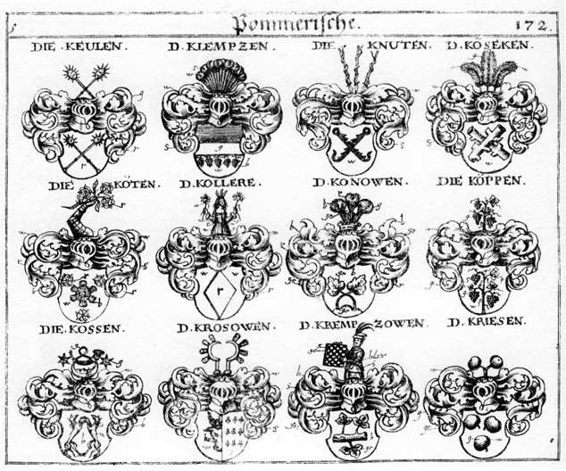 Coats of arms of Klempzen, Knuten, Koeppen, Koesecken, Koeten, Kollere, Konowen, Köppen, Kösecken, Kossen, Köten, Krempzowen, Kriefen, Krosowen