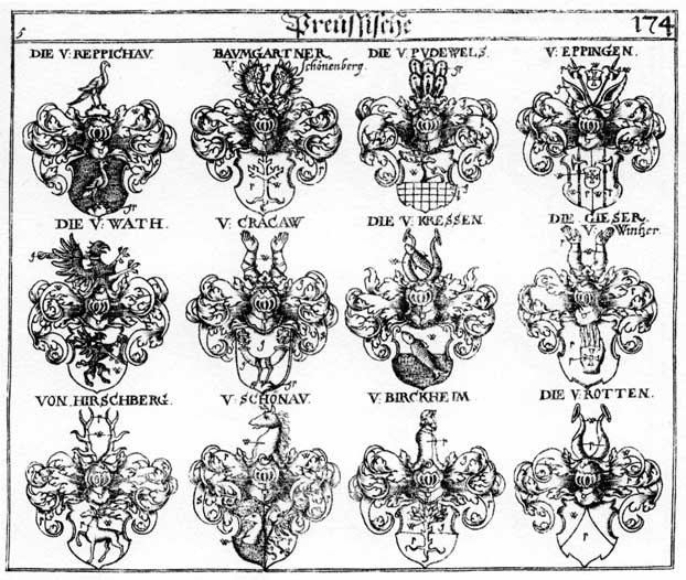 Coats of arms of Baumgartner, Birckheim, Eppingen, Gieser, Güsser, Paumgärtner, Pirckhaimer, Pudewels, Reppichau, Schönau, Schönauer, Wath