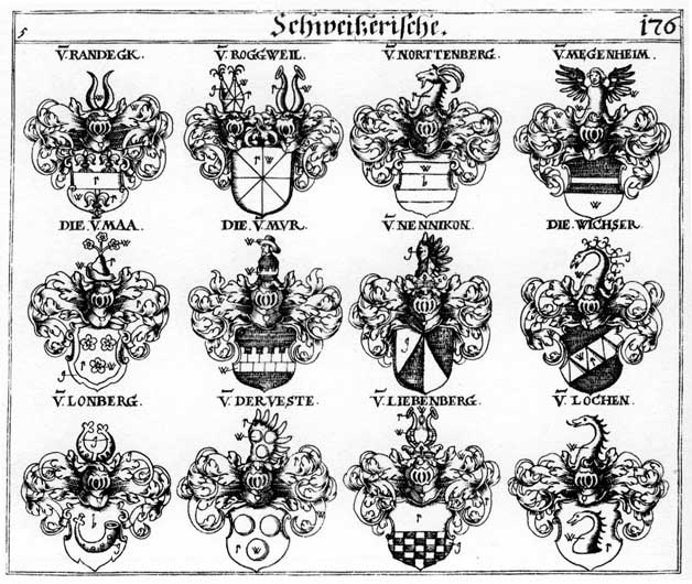 Coats of arms of Derveste, Liebenberg, Loch, Lochen, Lonberg, Maa, Megenheim, Meggenheim, Mur, Murr, Nennickon, Randegk, Roggweil, Wichser