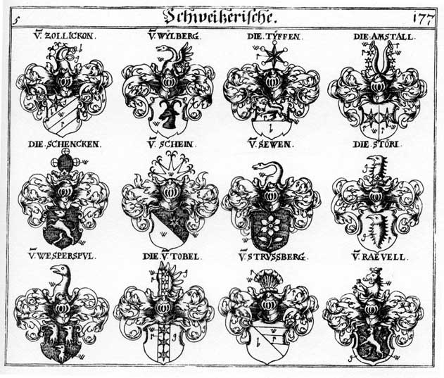 Coats of arms of Amstall, Raevel, Schein, Sewen, Störl, Strussberg, Tobel, Tuffen, Tyffen, Wesperspul, Wylberg, Zollickon