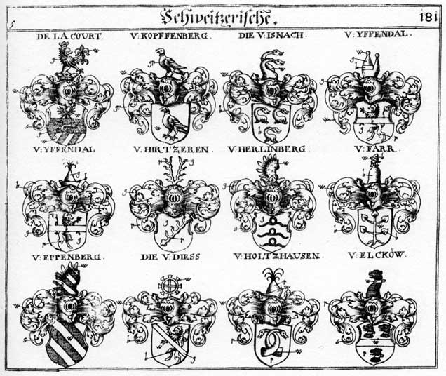 Coats of arms of de la Court, Dela Court, Diess, Elgow, Elkow, Eppenberg, Farr, Herlinberg, Hirtzeren, Holtzhausen, Iffenthal, Isnach, Kopffenberg, Lacourt, Yffendal