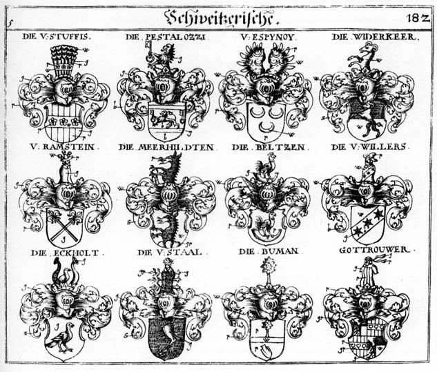Coats of arms of Beltzen, Buman, Eckholt, Espinoy, Gottrouwer, Meerhildten, Ramstein, Staal, Stahl, Stuffis, Widerkeer, Willers