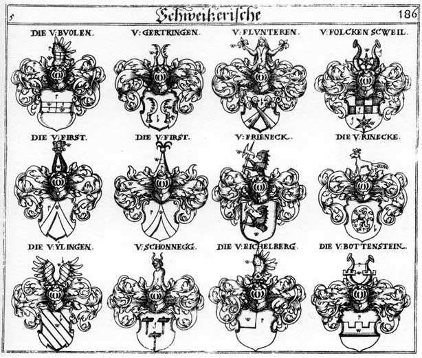 Coats of arms of Bottenstein, Buolen, First, Flunteren, Frieneck, Fürft, Gertingen, Potenstein, Rineck, Rinecke, Ylingen