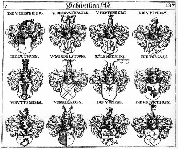 Coats of arms of Buttenheim, Flunteren, Hertenberg, Hörtenberg, Im Thurn, Nortgassen, Nyfar, Rengunshausen, Terveiler, Thurn, Uffheim, Vorgass, Vorgassen, Wendelstorff, Zylempen