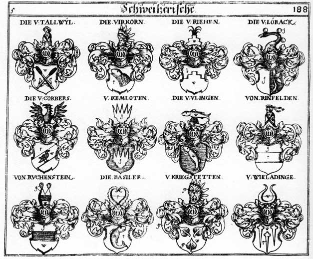 Coats of arms of Basiler, Corbers, Kemlotten, Kriegstetten, Loerrak, Lörack, Riehen, Rinfelden, Ruchenstein, Tallwyl, Ulingen, Virkorn, Virnkorn, Wieladinge, Wieladingen