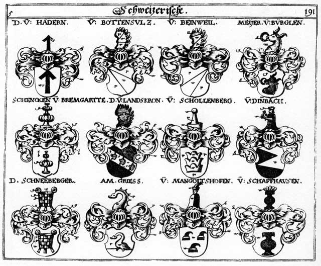 Coats of arms of AmGriess, Beinweil, Bottensultz, Dinhbach, Hädern, Haedern, Landskron, Majer, Mangoltshofen, Mejer, Meyer, Schaffhausen, Schneeberg, Schneeberger, Schollenberg