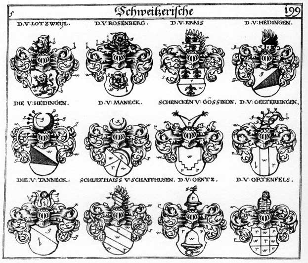 Coats of arms of Gelterkingen, Hedingen, Krais, Kreys, Lotzweyl, Maneck, Oentz, Ortenfels, Orttenfels, Rosenberg, Rosenberger, Schulthais, Schulthaisen, Tanneck