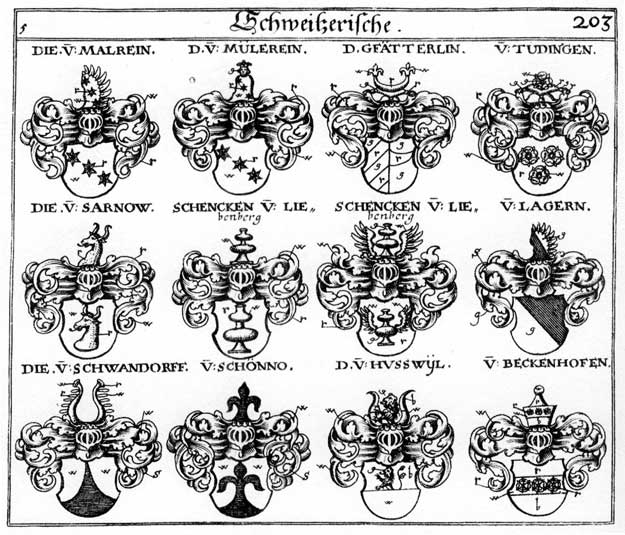 Coats of arms of Beckenhofen, Duding, Gfatterlin, Husswyl, Lagern, Malrein, Mattstetten, Mülerein, Sarnow, Schönno, Schwandorff, Tudingen