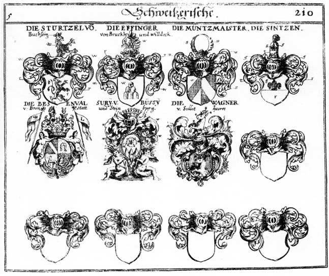 Coats of arms of Besenval, Effinger, Müntzmeister, Sintzen, Sturtzel, Sury, Wagner