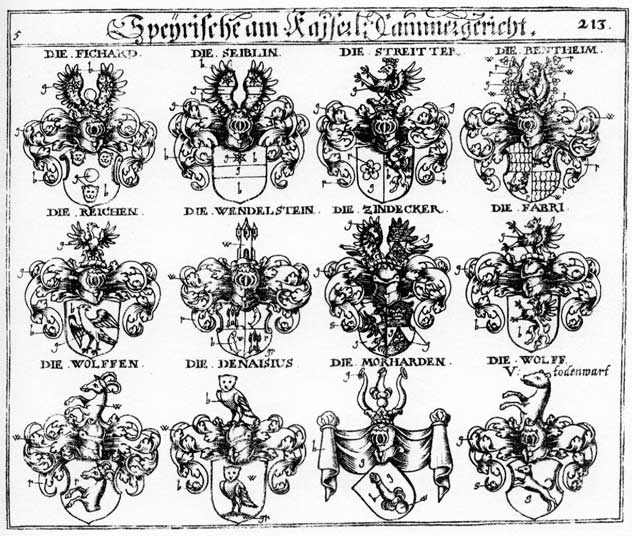 Coats of arms of Bentheim, Denaisius, Faber, Fabri, Fichard, Morharden, Reichen, Seiblin, Streit, Streitter, Wendelsteih, Wolff, Wölffen, Zindecker