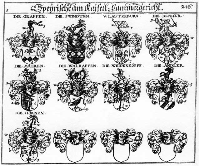 Coats of arms of Andler, Bender, Graffen, Horn, Horne, Hornen, Lauterburg, Mohren, Swinden, Walraffen, Weidenköpf