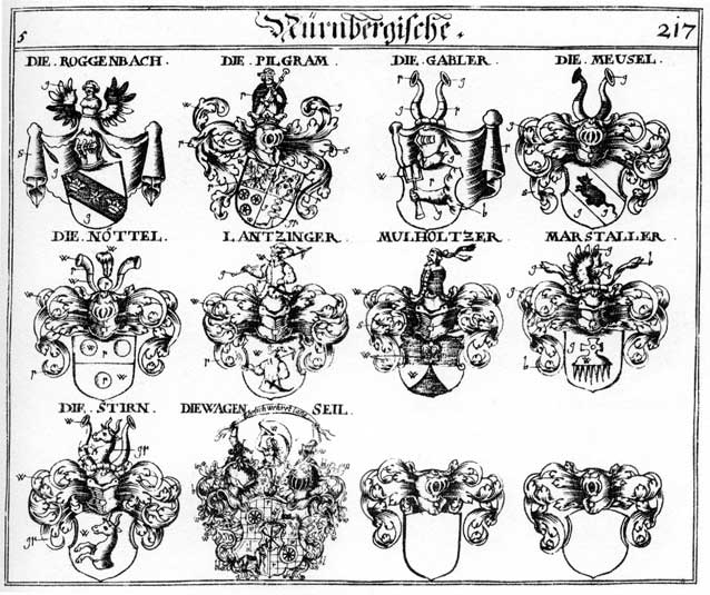 Coats of arms of Eisen, Eysen, Gabler, Marstaller, Meusel, Mülholtzer, Noettel, Nöttel, Pilgram, Rockenbach, Roggenbach, Stirn, Wagenfeil