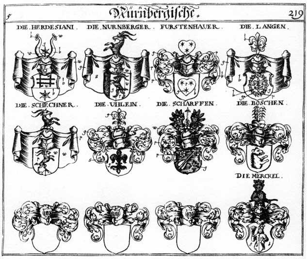 Coats of arms of Boschen, Fürstenau, Fürstenhauer, Herdesiani, Lang, Langen, Merckel, Nirmberger, Nüremberg, Nürnberger, Poschen, Scharffen, Schechner, Uhlein