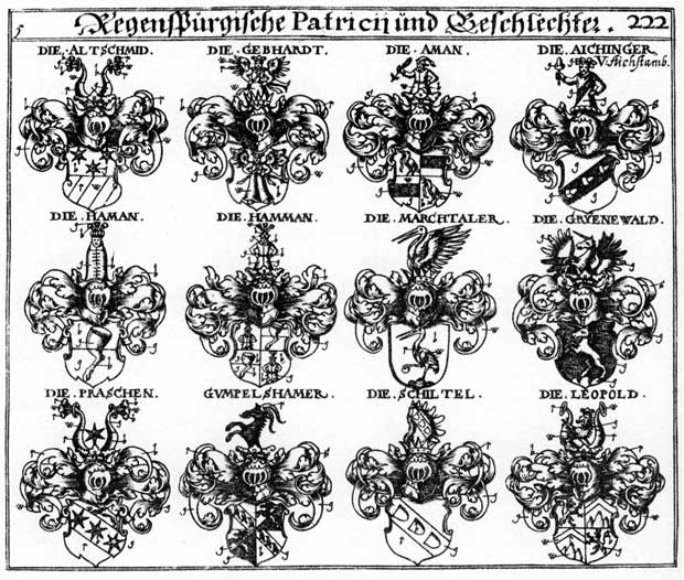 Coats of arms of Aichinger, Altsehmidt, Aman, Amman, Gebharden, Grüenenwald, Gryenenwald, Gumpelshamer, Haman, Hamman, Marchtalen, Praschen, Schiltel