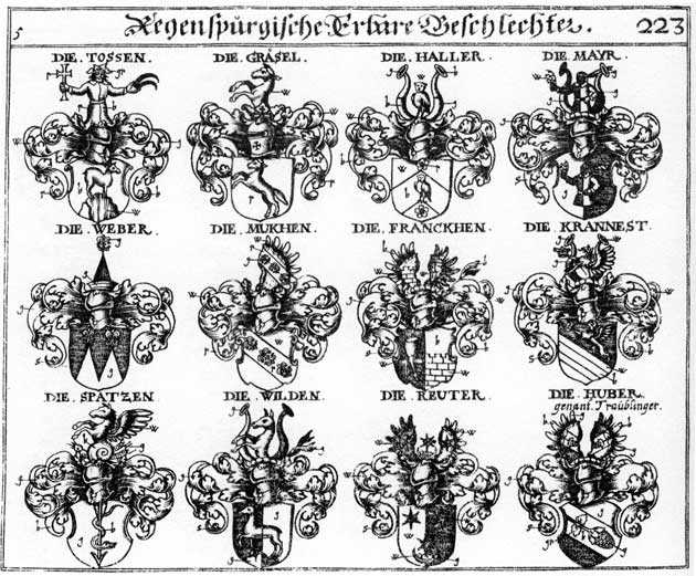 Coats of arms of Dossen, Graefel, Gräsel, Haller, Huber, Hueber, Krannest, Mair, Mayer, Mayr, Meier, Mukhen, Reitter, Reutter, Spatzen, Toss, Tossen, Traublinger, Weber, Wilden, Wildt