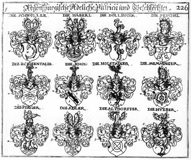 Coats of arms of Adler, Altdorffer, Dollinger, Eckhenthaler, Häberl, Haeberl, Huber, Hueber, Khol, Memminger, Peuchel, Peychel, Tollinger